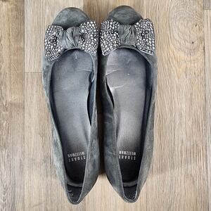 Stuart Weitzman Size 10 Grey Suede Embellished Bow Ballet Flats Made in Spain‎